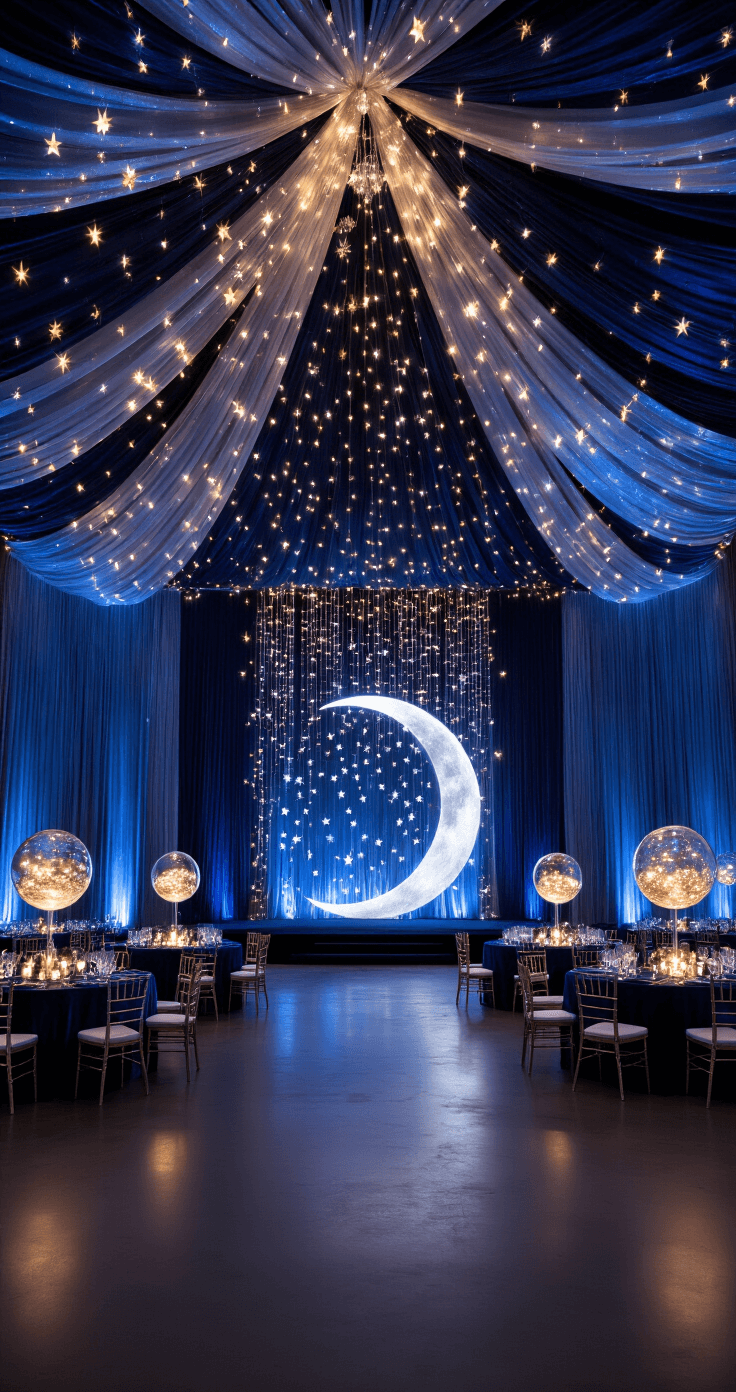 A grand ballroom transformed into a celestial wonderland at dusk, featuring soaring ceilings draped in midnight blue and silver fabrics, thousands of warm LED fairy lights creating a starry effect, navy velvet round tables with elevated glass orbs of floating LED lights, and a striking 12' moon gate arch with cascading silver stars, all captured from the entrance doorway in an ultra-wide angle to emphasize the ethereal atmosphere.