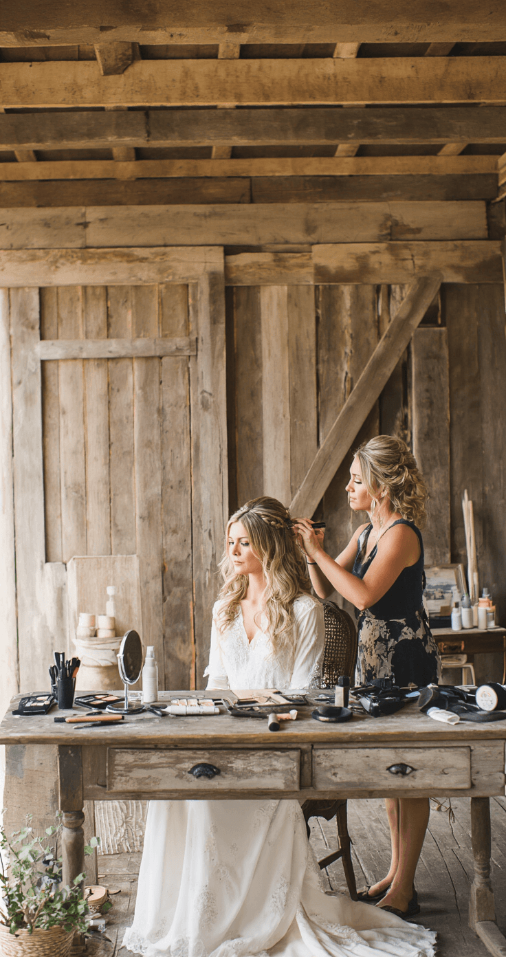 Half Up Half Down Bridal Hair: Your Ultimate Styling Bride has volume powder applied at the crown while seated in an antique chair in a rustic barn setting with exposed wooden beams; half-completed hairstyle features natural waves and loose braids, with styling tools arranged on a weathered wooden table, all under moody natural lighting.