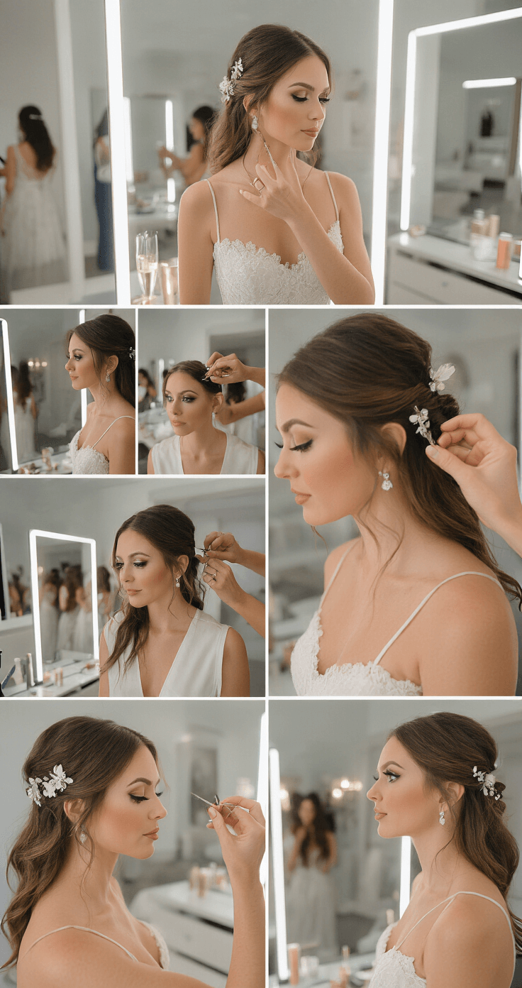 Half Up Half Down Bridal Hair: Your Ultimate Styling A hairstylist demonstrates bobby pin placement for a half-up bridal hairstyle in a contemporary boutique, featuring floor-to-ceiling mirrors and a champagne display, with a focus on securing floral pins and adjusting face-framing pieces under bright studio lighting.