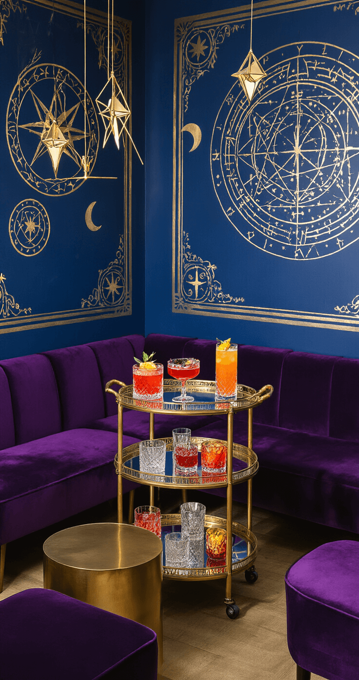 Intimate cocktail lounge corner for a celestial wedding reception featuring a vintage art deco bar cart with constellation-themed drinks, deep indigo walls adorned with gold zodiac symbols, royal purple velvet seating, and hanging geometric star pendants, all captured from a 45-degree elevated angle.