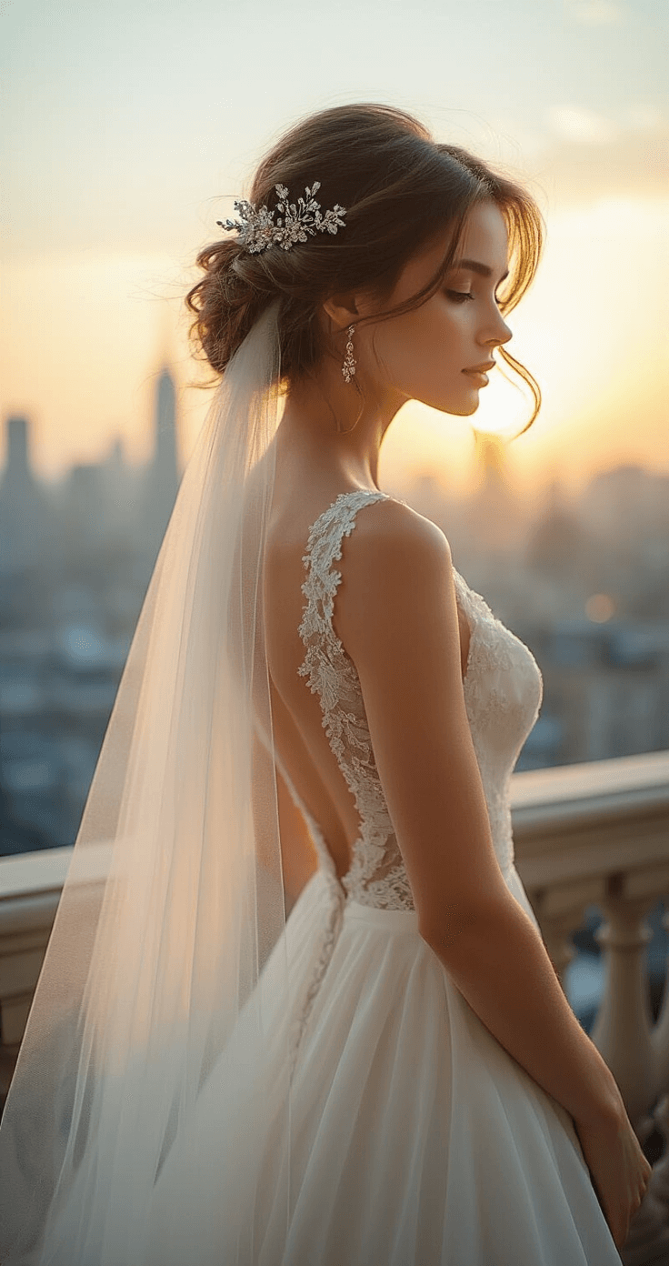 Half Up Half Down Bridal Hair: Your Ultimate Styling Elegant bridal hairstyle with loose curls and delicate veil on a hotel balcony at sunrise, city skyline softly blurred in the background. Ornate hair accessories glint in the morning light, framed by dramatic architectural elements.