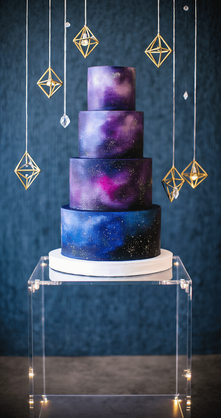 A stunning six-tier wedding cake with a hand-painted galaxy design, featuring deep purple and midnight blue hues with metallic silver accents, displayed on a modern acrylic table with LED underlighting against a textured navy backdrop. Suspended brass geometric stars and crystals add depth, while dramatic side lighting enhances the cake's metallic details.