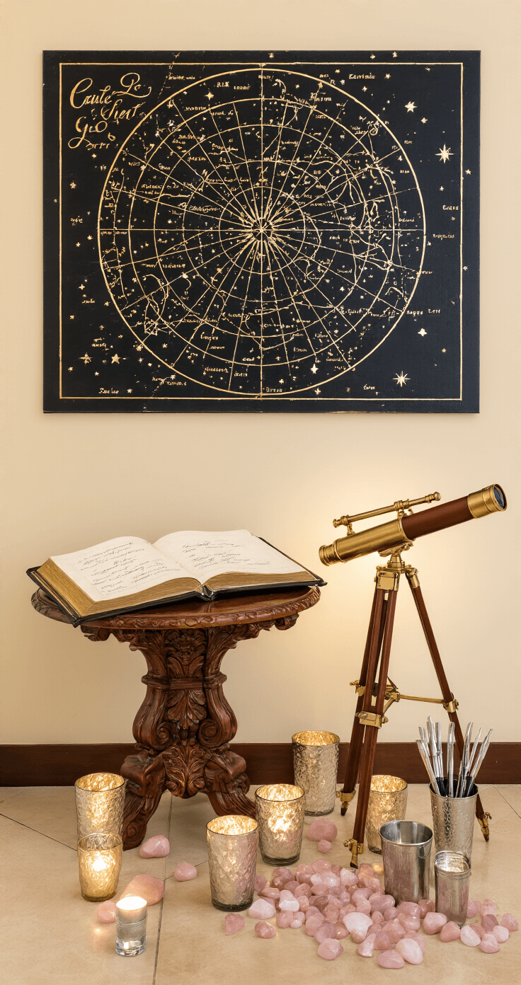 A cozy guest book station featuring an antique brass telescope on a wooden stand next to a leather-bound constellation book, set against a gold foil star map. Decorated with mercury glass votives and rose quartz crystals, the area includes silver cups with metallic calligraphy supplies, all illuminated by warm spotlighting in a venue entryway. Shot from above at a 30-degree angle.