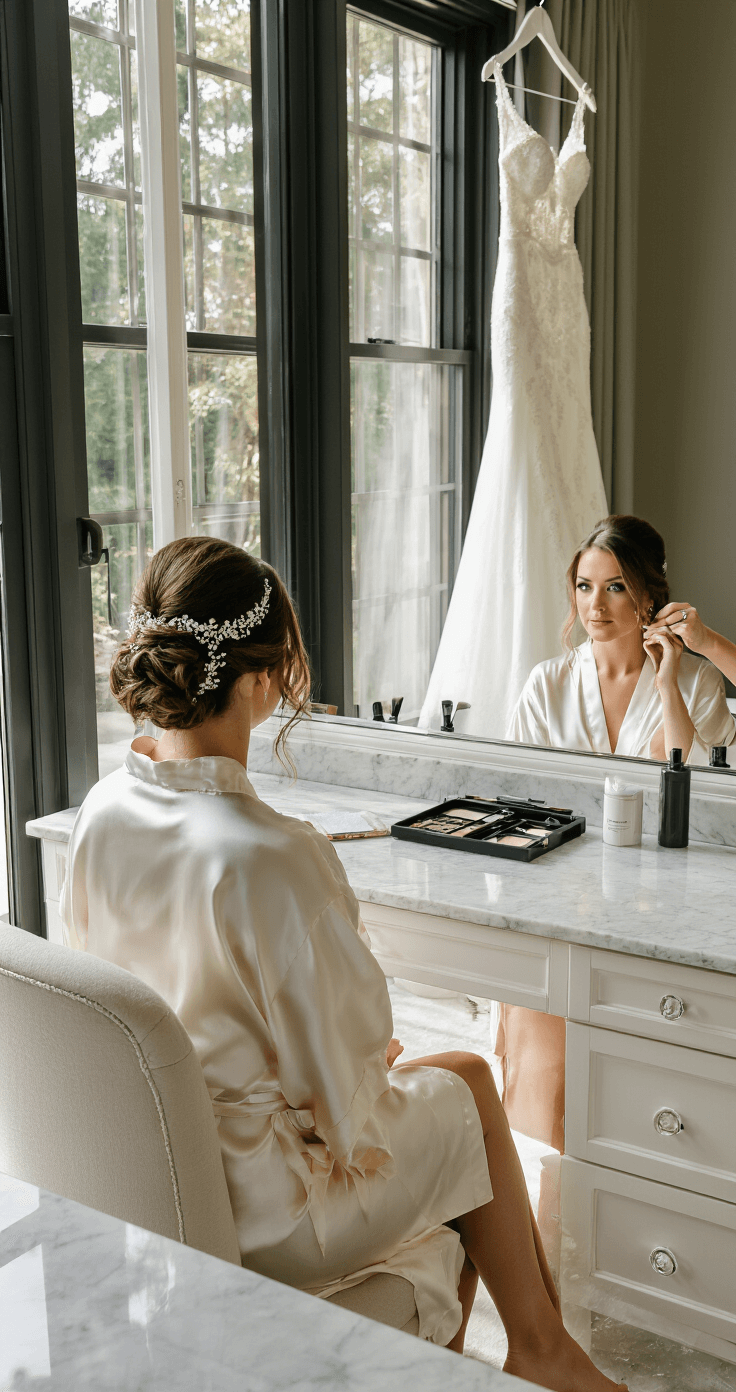 A bride in an ivory silk robe sits at a white vanity, her reflection visible in a triple mirror as her hair is styled into a sleek chignon with a pearl-encrusted hair vine. The luxurious bridal suite is bathed in soft morning light, with a couture wedding gown hanging in the background and professional styling tools on the marble counter.