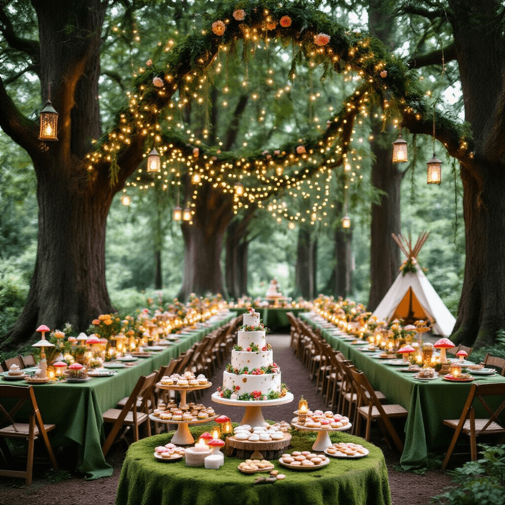 Flower Garlands: The Ultimate Guide to Creating Stunning Decor for Any Occasion An enchanted forest-themed birthday party with towering trees draped in fairy lights, long banquet tables adorned with moss-green linens and woodland flower centerpieces, a dessert cart with whimsical treats, and a cozy teepee draped in floral garlands.