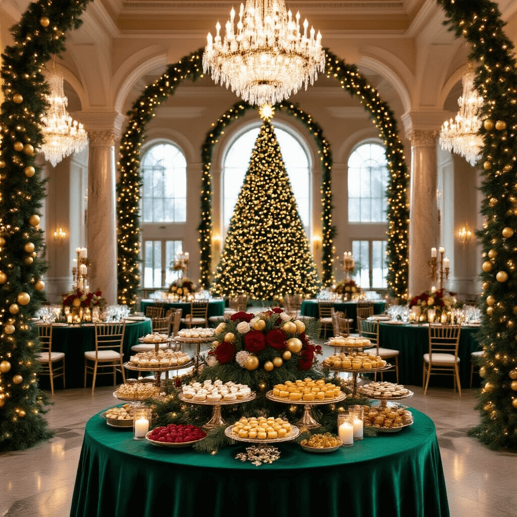 A lavish Christmas-themed ballroom featuring a grand tree, crystal chandeliers, and an elegant dessert table, decorated with rich emerald velvet and deep red floral arrangements.