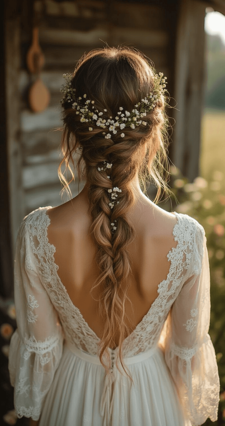 A bride with a boho braided updo adorned with wildflowers stands in a rustic outdoor setting bathed in golden hour sunlight, showcasing her lace detailed dress with flowing sleeves. The scene features vintage wooden brushes, floral scissors, and scattered petals in the foreground, with side lighting highlighting the intricate texture of her hair.