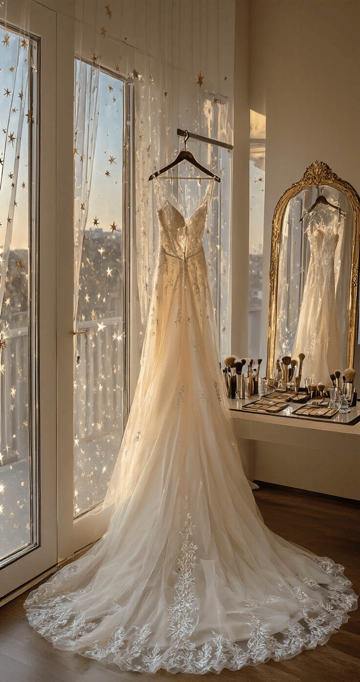A bridal preparation suite featuring floor-to-ceiling windows with sheer starry tulle, vintage mirrors with celestial etchings, and a star-embellished wedding gown on a custom hanger, all bathed in golden hour light, captured in soft focus.