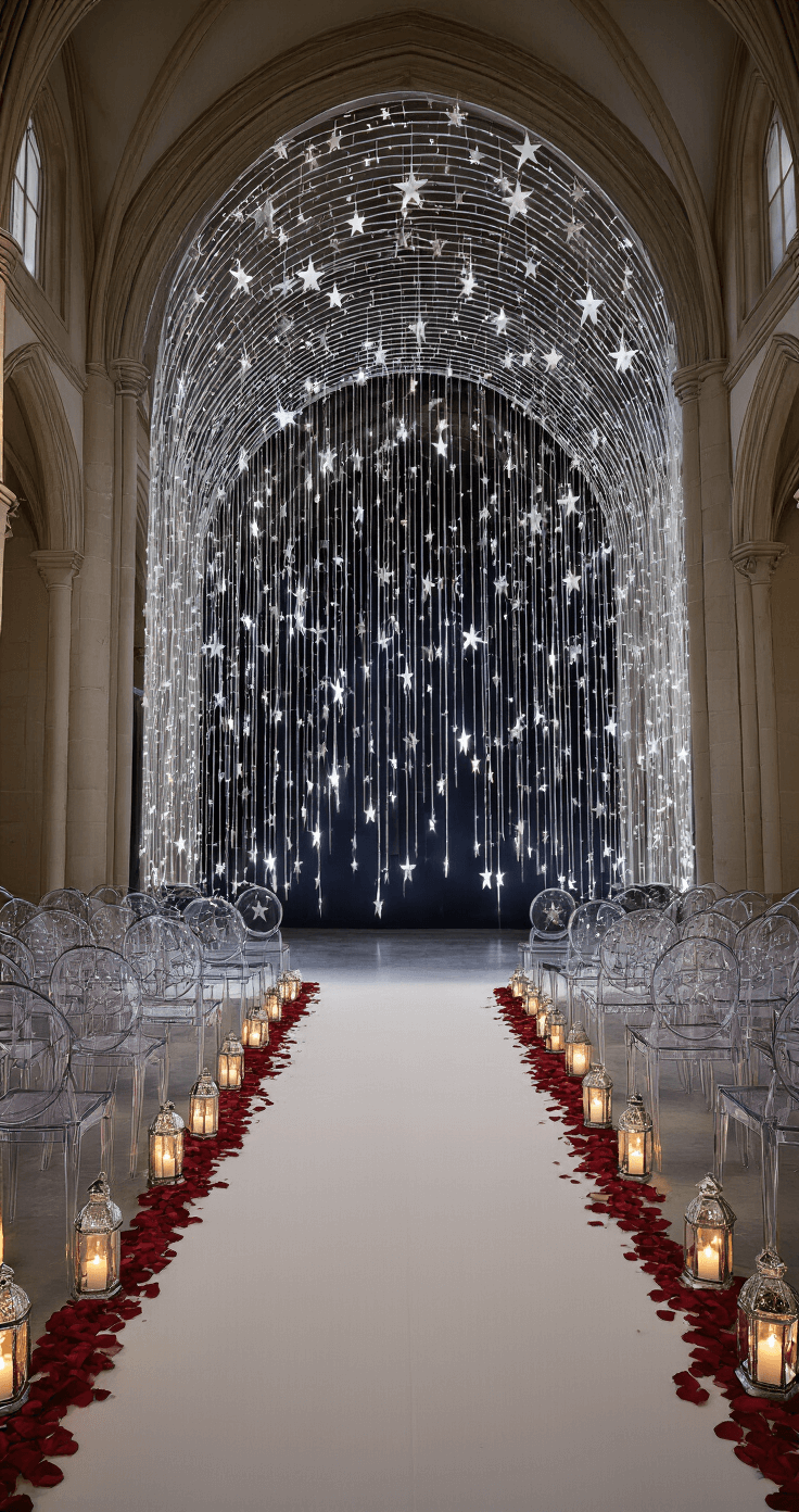 Aerial view of a ceremony altar setup measuring 15'x20' under a cathedral ceiling, featuring a curved arch adorned with hanging stars, an aisle lined with mercury glass lanterns and rose petals, and ghost chairs with star details, all illuminated by dramatic backlighting.