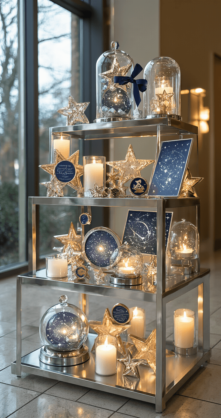 A metallic shelving unit decorated with star-shaped candles, zodiac coins, and crystal gifts stands on a display table in a reception foyer. Custom star chart prints are rolled with navy ribbons, and smoke glass cloches showcase floating constellation displays, all illuminated by ambient lighting and subtle spotlight accents.