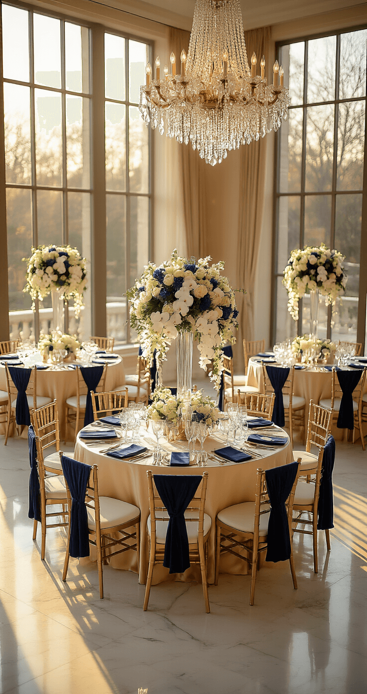 A luxurious ballroom reception setup with champagne and navy decor, featuring silk tablecloths, velvet runners, crystal centerpieces with white orchids and navy delphiniums, gold Chiavari chairs, and warm afternoon light streaming through large windows.