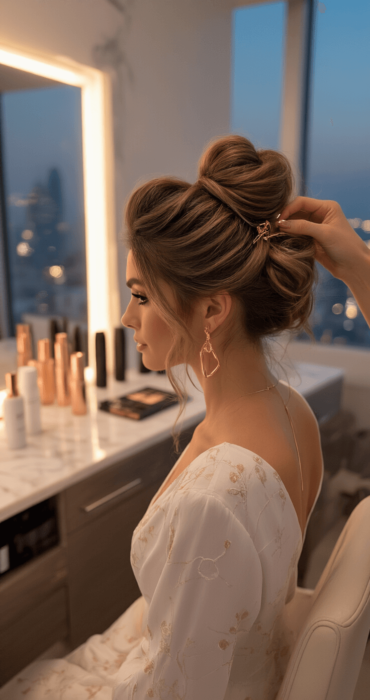 A contemporary penthouse dressing room at dusk featuring a model in a bridal jumpsuit, showcasing a textured high bun with loose tendrils and rose gold accessories, framed by luxurious hair products on marble surfaces, captured from an elevated angle with warm and blue hour lighting.
