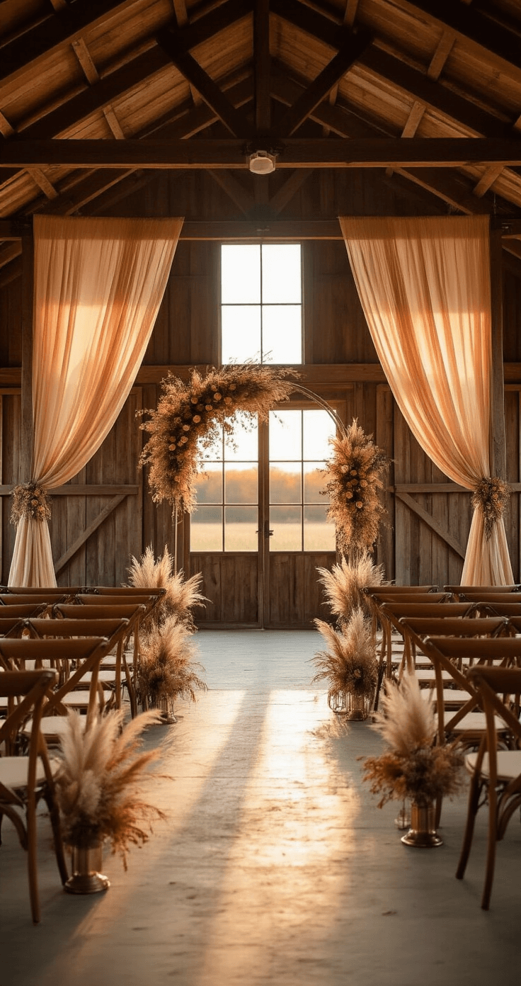 A beautifully decorated rustic-chic barn wedding ceremony space with exposed wooden beams, featuring wooden cross-back chairs along a draped aisle, adorned with pampas grass and florals, under warm autumn sunset light.