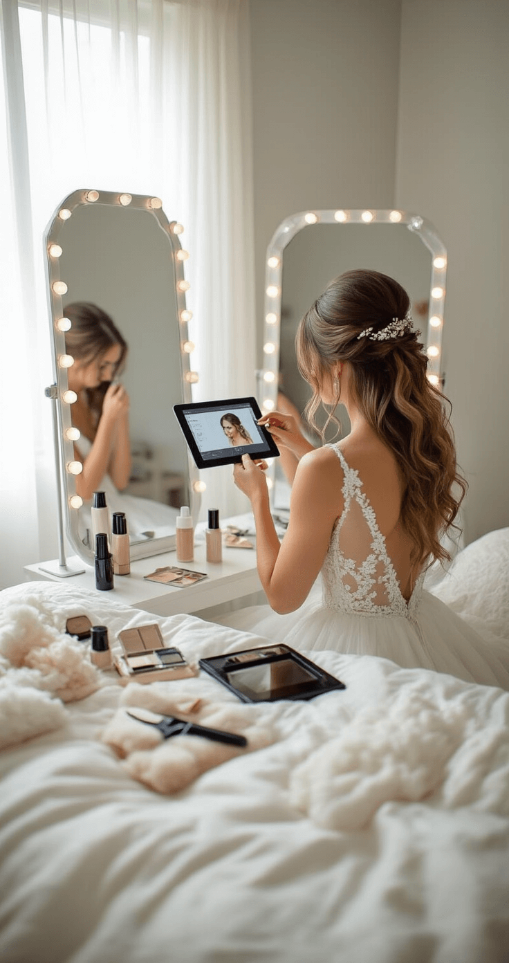 Bride practicing her wedding hair styling in a bright bedroom, using a triple-mirror setup and a tablet tutorial. Her hair is in a romantic half-up arrangement, surrounded by professional tools and styling products on a plush white duvet, with soft morning light filtering through sheer curtains.