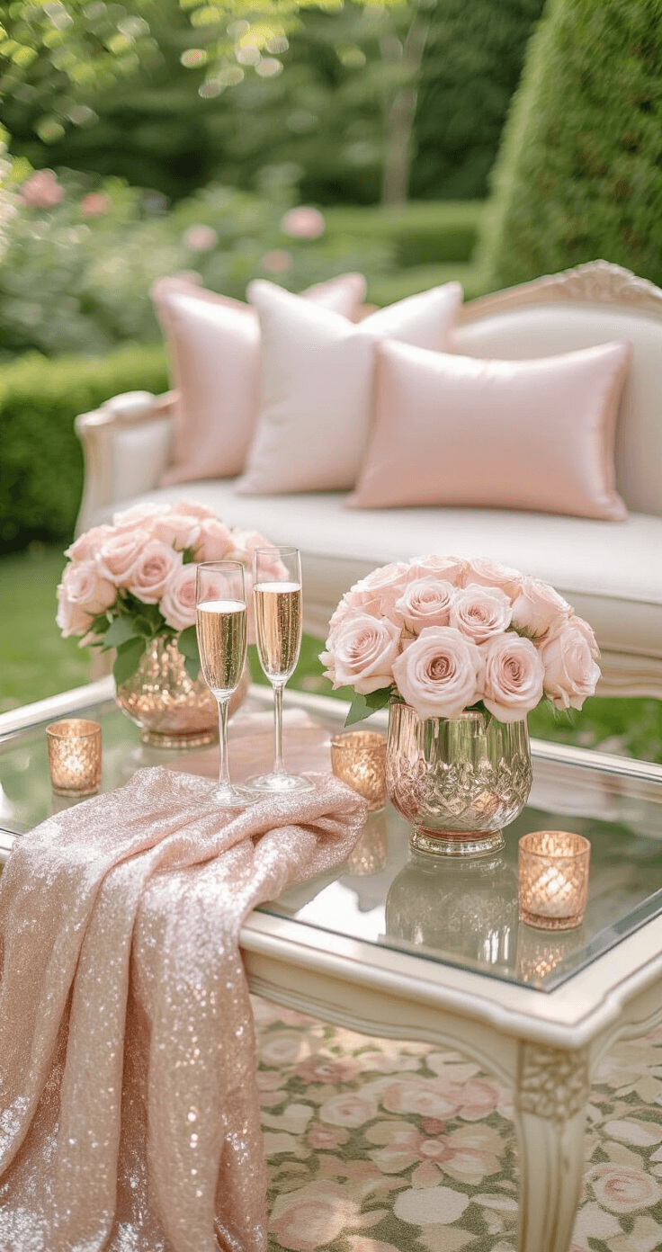 An elegant garden reception vignette with champagne and blush pink details, featuring a vintage champagne-colored settee, a glass-top coffee table adorned with pink garden roses in mercury glass vases, blush silk pillows, and a champagne sequined throw, all set in a manicured garden with soft natural lighting and dreamy bokeh.