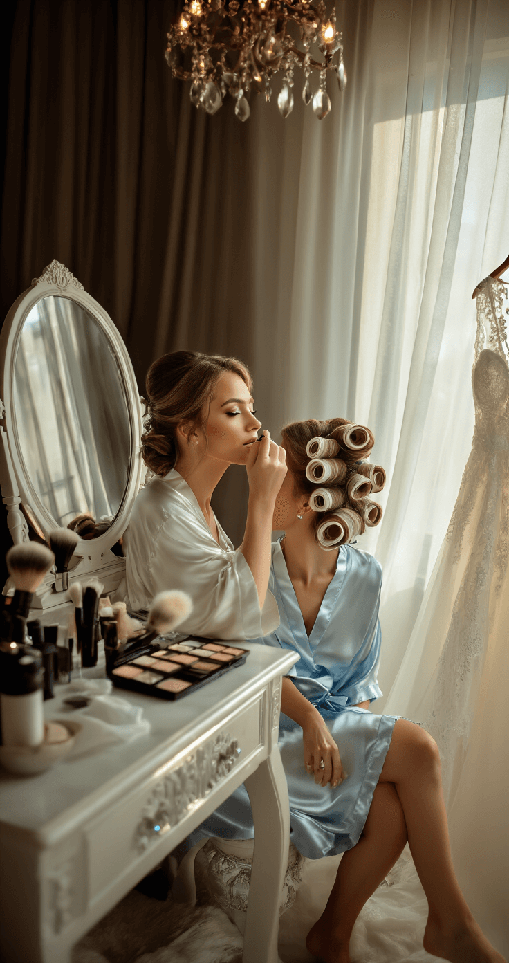 A bride in a powder blue silk robe sits at an elegant white vanity, illuminated by soft natural light, as a professional makeup artist applies airbrush foundation; a wedding dress hangs nearby, and makeup products are arranged on a marble counter, all beneath a sparkling crystal chandelier.