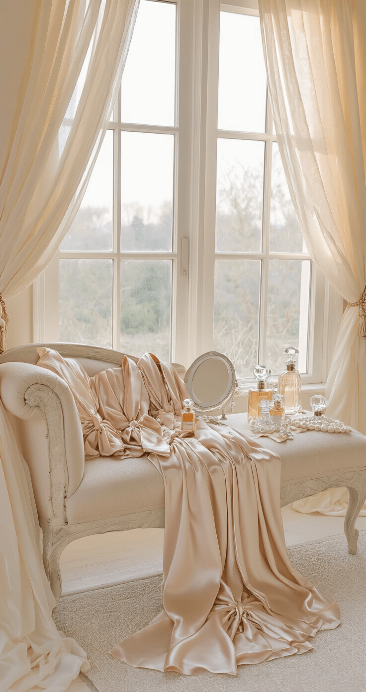A luxurious bridal suite with large windows, featuring soft morning light, a champagne silk chaise lounge adorned with bridal robes in varying shades, a vintage vanity with crystal perfume bottles and pearl-handled mirrors, and champagne tulle curtains enhancing the feminine atmosphere.