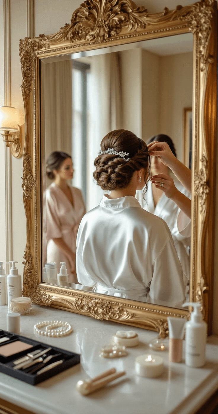 Wide-angle shot of a luxurious hotel bathroom, featuring a hairstylist crafting an intricate braided updo for a bride in a white satin robe. A massive gilt-framed mirror reflects the styling process, illuminated by natural light and soft vanity lighting. Organized styling tools and products are on the counter, alongside pearl hair pins and crystal accessories. Bridesmaids in blush silk robes are seen in the background.