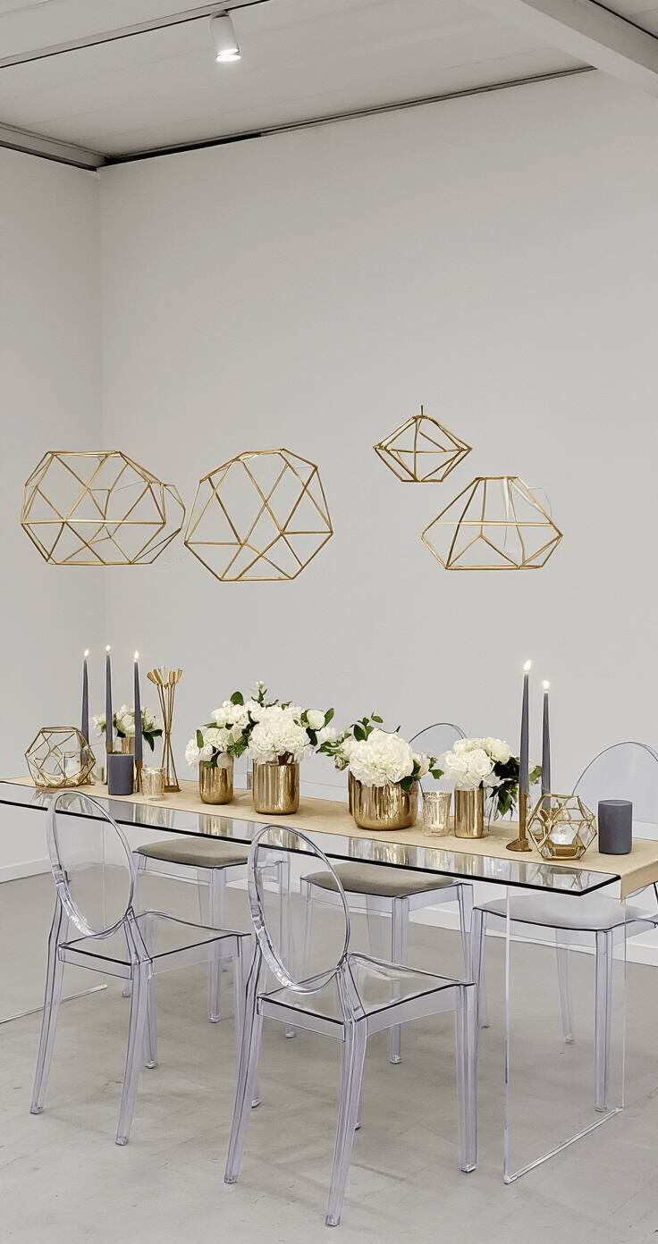 A modern minimalist reception table set in a contemporary venue with white walls, featuring an acrylic table with a champagne metallic runner, mixed metallic vessels with white flowers, ghost chairs with champagne cushions, geometric gold terrariums, and smoke-gray candle holders, all illuminated by evening lighting and pin spots, captured from table height in a symmetrical composition.