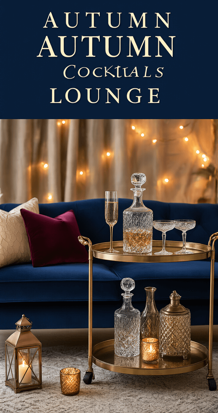 A cozy autumn cocktail hour lounge featuring a deep navy velvet sofa with champagne and burgundy pillows, a brass bar cart with crystal decanters and champagne coupes, and warm lighting from copper lanterns and mercury glass votives, all in rich jewel tones.