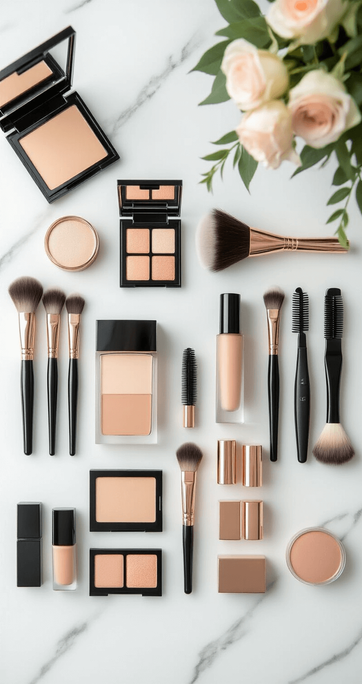 Overhead flat lay of a modern minimalist bridal beauty kit featuring makeup brushes, foundations, mascaras, and lipsticks arranged in a grid on a white marble surface, complemented by hair styling tools and accessories in soft neutral tones with rose gold accents, illuminated by natural window light.