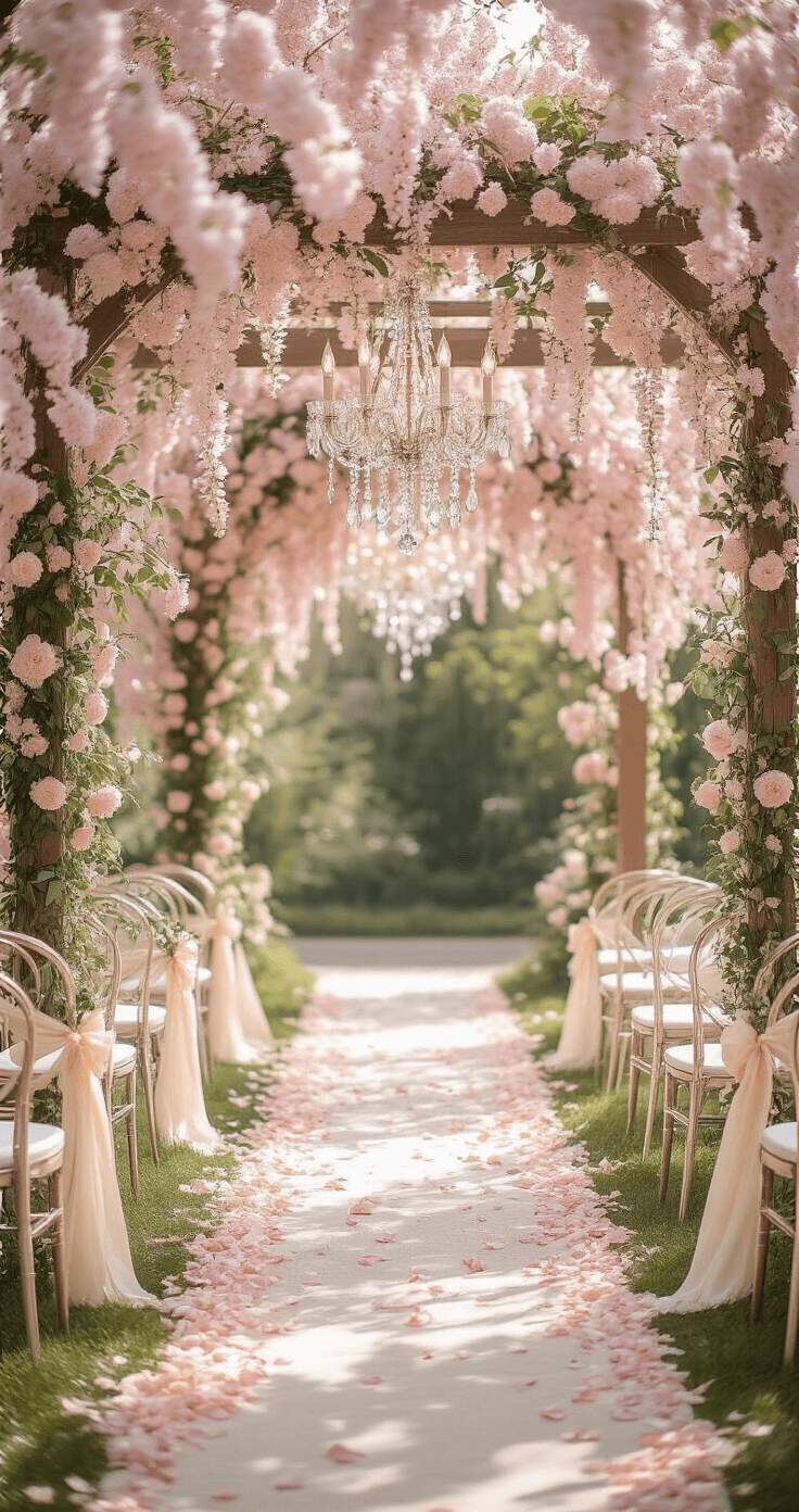 A romantic spring garden ceremony altar featuring a champagne-draped pergola with blush cherry blossoms and ivory wisteria, crystal chandeliers, an aisle adorned with champagne petals and mercury glass lanterns, surrounded by ghost chairs tied with champagne silk bows, all bathed in soft mid-morning light.