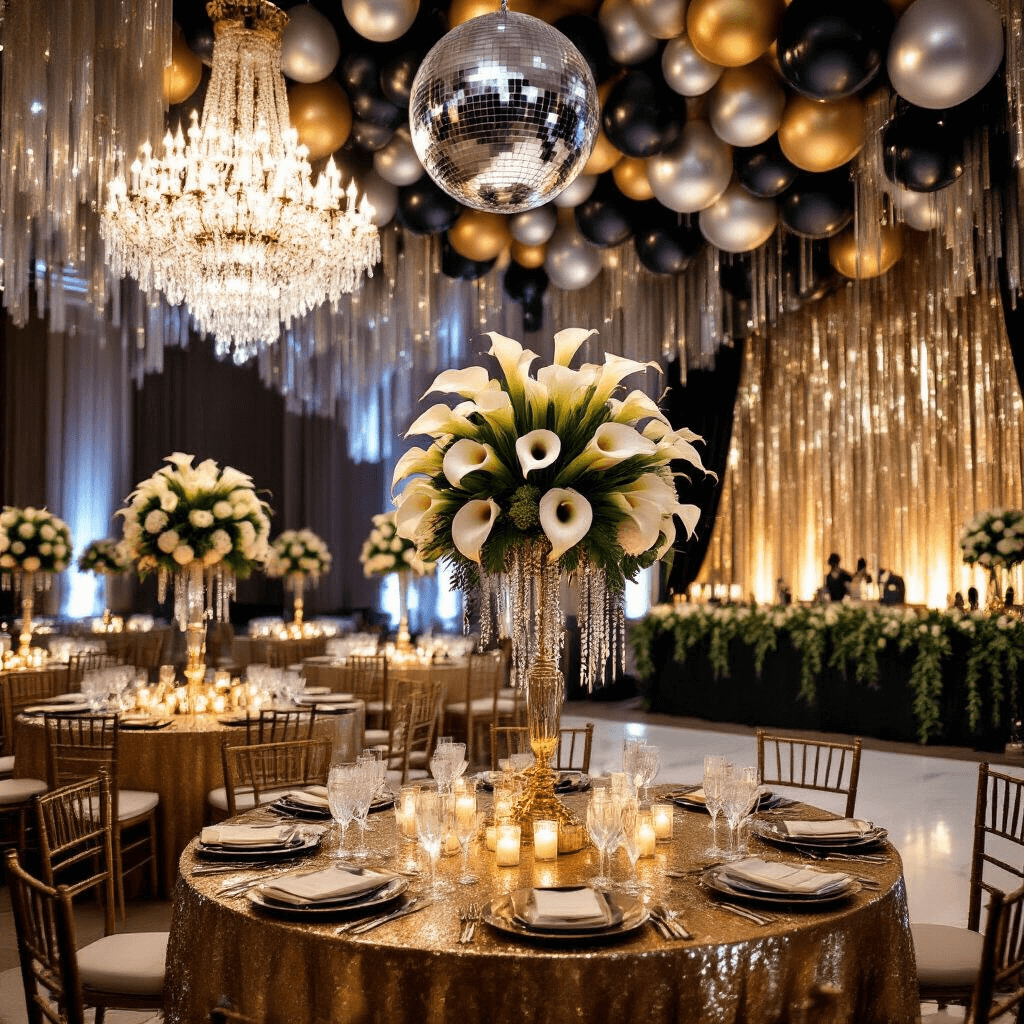 Flower Garlands: The Ultimate Guide to Creating Stunning Decor for Any Occasion A luxurious New Year's Eve soirée in a grand ballroom, featuring crystal chandeliers, tables with gold sequin tablecloths and calla lily centerpieces, a backdrop of metallic fringe and oversized balloons, a gleaming disco ball, and stacked champagne flutes.