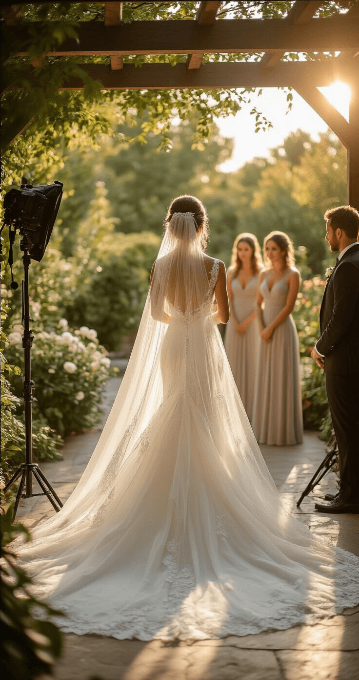 Bride receiving final hair touches for her wedding hairstyle, with a hairstylist securing a cathedral veil into an elaborate updo amidst a garden terrace setting. Golden sunlight filters through a pergola, and a soft breeze moves the dress train. Bridesmaids observe in the background, with professional lighting equipment partially visible in the frame.