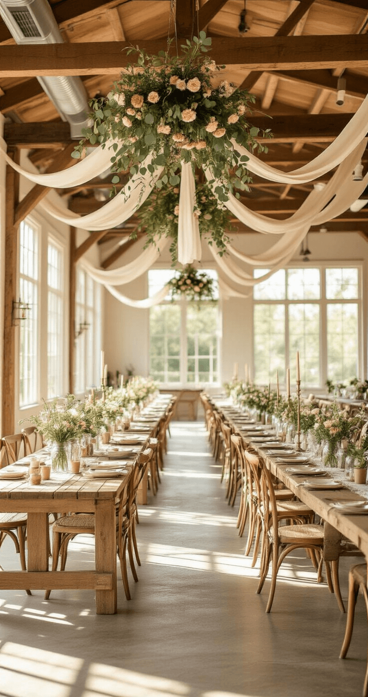 Cheap Wedding Decorations: Your Ultimate Guide to Budget-Friendly Nuptial Elegance A bright, sunlit DIY wedding reception space featuring rustic wooden harvest tables with mason jar wildflower centerpieces, delicate ivory and blush paper garlands, and vintage brass candleholders. Natural light floods the 30'x40' area through floor-to-ceiling windows, highlighting the cream, dusty rose, sage green, and warm wood tones. The scene is viewed from the entrance doorway, emphasizing depth and airiness, with vintage lace table runners adding texture.