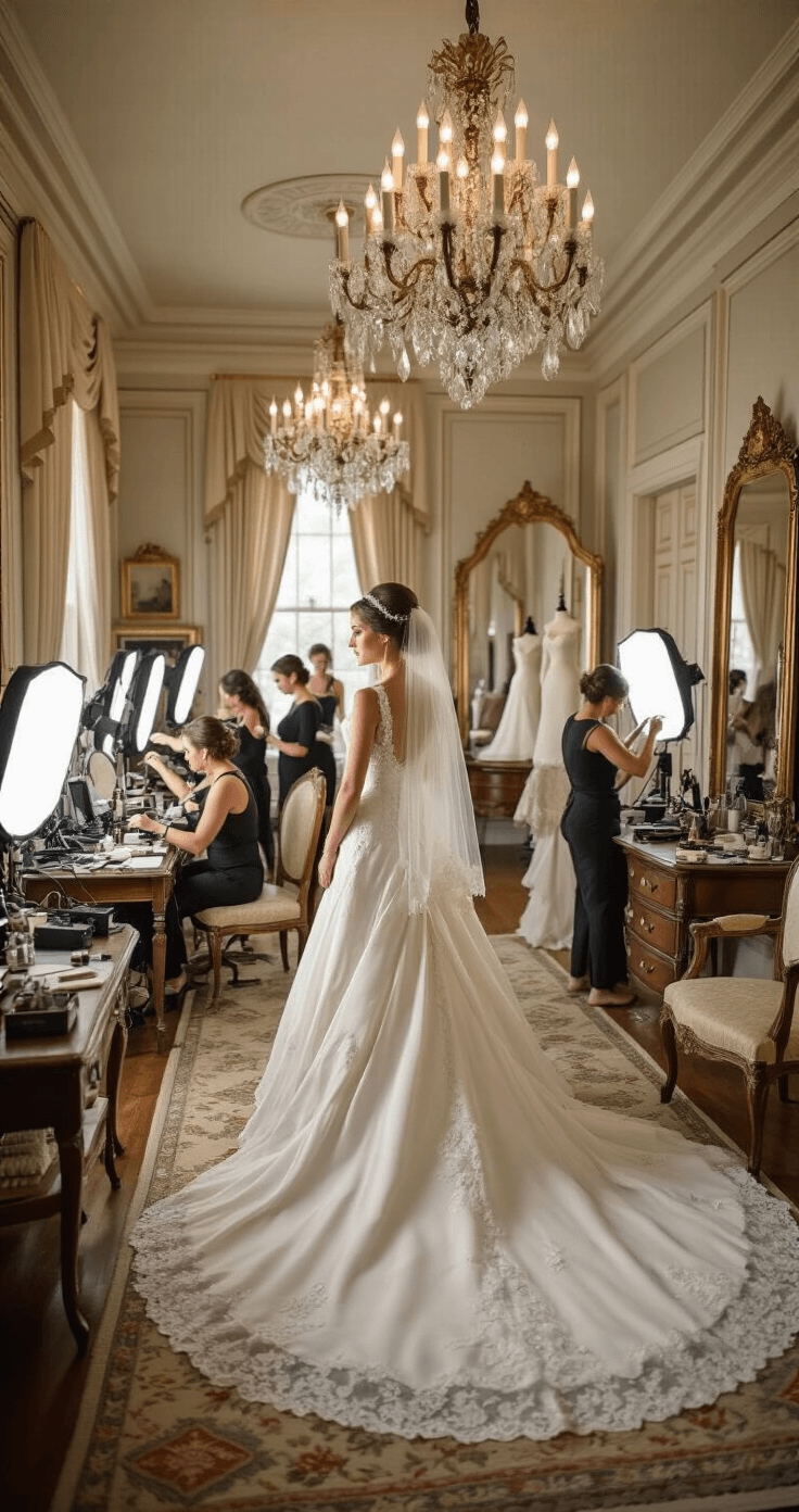 A wide shot of a historic mansion master suite in the early evening, featuring multiple artists working on the bride and bridal party amidst elegant period furniture, floor-length mirrors, and crystal chandeliers. The scene includes a professional lighting setup with softboxes, clearly defined makeup stations and hair styling areas, and a wedding dress displayed on a mannequin in the background.