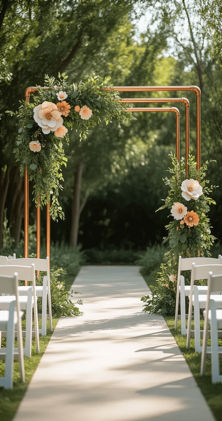 Cheap Wedding Decorations: Your Ultimate Guide to Budget-Friendly Nuptial Elegance A modern minimalist ceremony arch setup featuring a geometric copper pipe arch adorned with asymmetrical greenery and paper flowers, with clean white chairs arranged in neat rows. Handmade abstract paper installations frame the scene, illuminated by natural light that enhances the metallic elements. The color palette includes copper, white, sage green, and pale yellow accents.