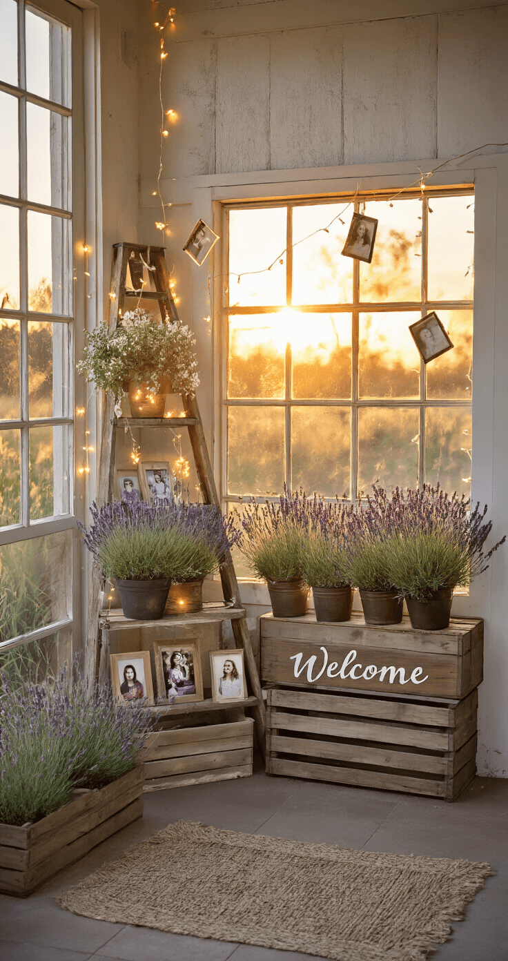 Cheap Wedding Decorations: Your Ultimate Guide to Budget-Friendly Nuptial Elegance A rustic welcome area measuring 12'x15', featuring a vintage ladder display adorned with family photos and fairy lights, surrounded by repurposed wooden crates holding potted lavender plants. A handwritten welcome sign is displayed on a salvaged window frame. The scene is bathed in the warm, golden hour light, highlighting weathered wood, lavender, cream colors, and visible dust particles in the light beams.