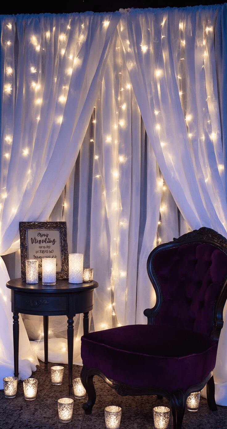 Cheap Wedding Decorations: Your Ultimate Guide to Budget-Friendly Nuptial Elegance A cozy winter reception corner illuminated by soft, warm white lights, featuring a DIY photo booth with a gauzy fabric backdrop and white twinkle lights. A vintage deep velvet armchair invites seating, while mercury glass votives add to the intimate atmosphere. The color palette includes midnight blue, silver, and deep burgundy, highlighting layered textures and an inviting ambiance.