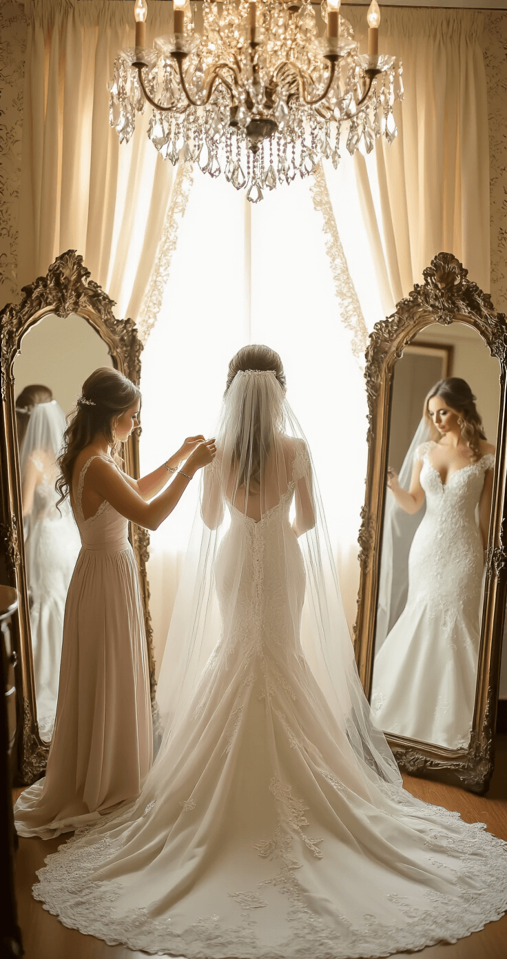 A bride in a vintage boudoir setting wears a full wedding gown as a stylist adds fresh flowers to her updo, with an assistant adjusting her cathedral veil, all illuminated by golden hour light streaming through sheer curtains and reflected in antique mirrors.