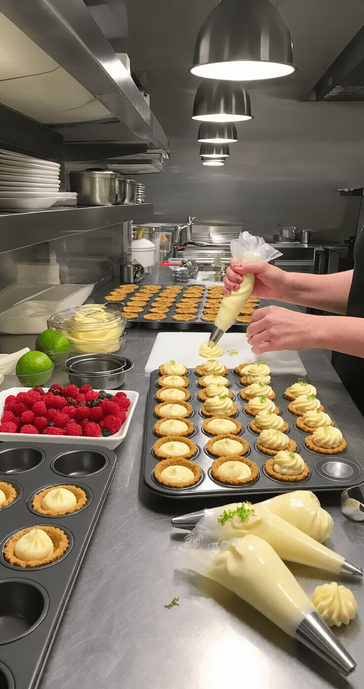 Professional kitchen scene featuring a pastry chef delicately piping cream cheese filling onto mini desserts in graham cracker crusts, surrounded by vibrant ingredients and organized tools on stainless steel countertops.