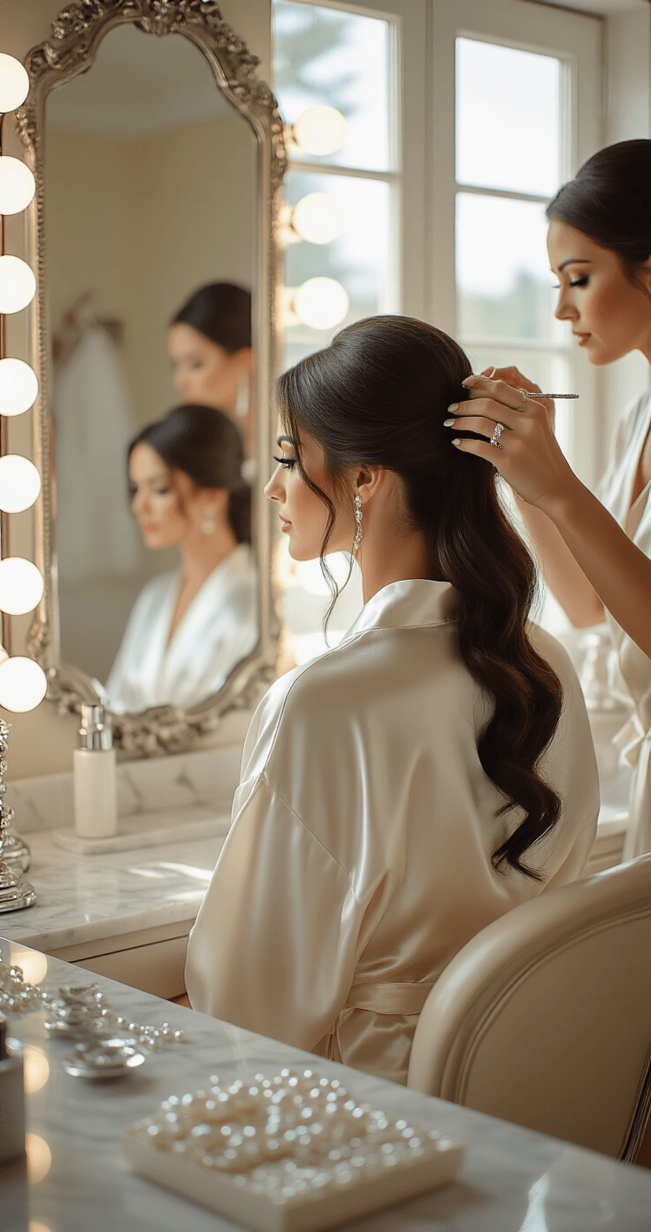 A bride in an ivory silk robe sits at an elegant vanity, her dark hair styled into a sleek low bun, illuminated by sun-drenched morning light streaming through floor-to-ceiling windows. Crystal hairpins and pearl accessories adorn a marble countertop, while professional lighting enhances the scene's soft highlights, captured in a close-up shot.