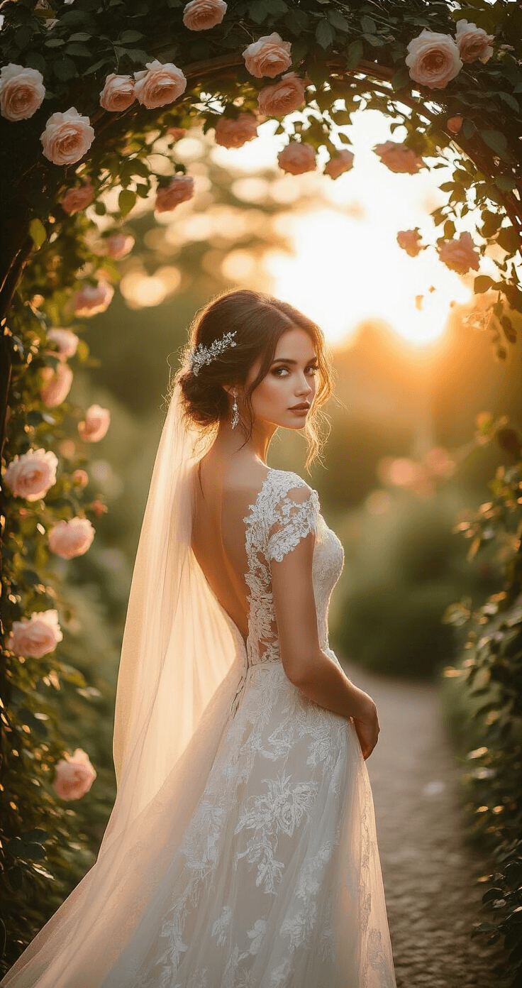 A bride in a flowing lace gown stands under a rose-covered archway in an ethereal garden at golden hour, with soft tendrils framing her face and vintage pearl and crystal hair accessories accentuating her romantic low bun; the warm sunset light creates a dreamy backlit effect, captured in a wide-angle shot with a bokeh effect.