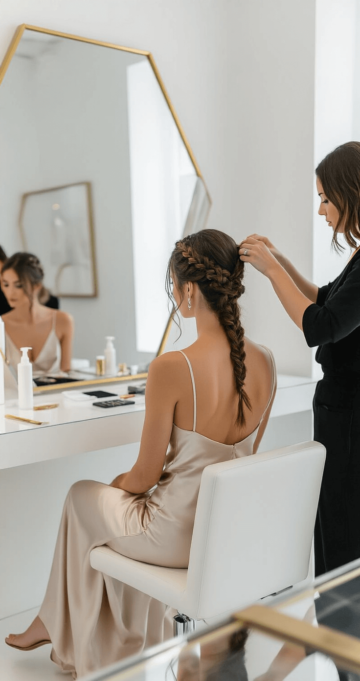 A bride in a silk slip dress sits at a minimalist styling station, while a hairstylist intricately braids her hair into a low bun, surrounded by clean white walls, geometric mirrors, and brass accents.