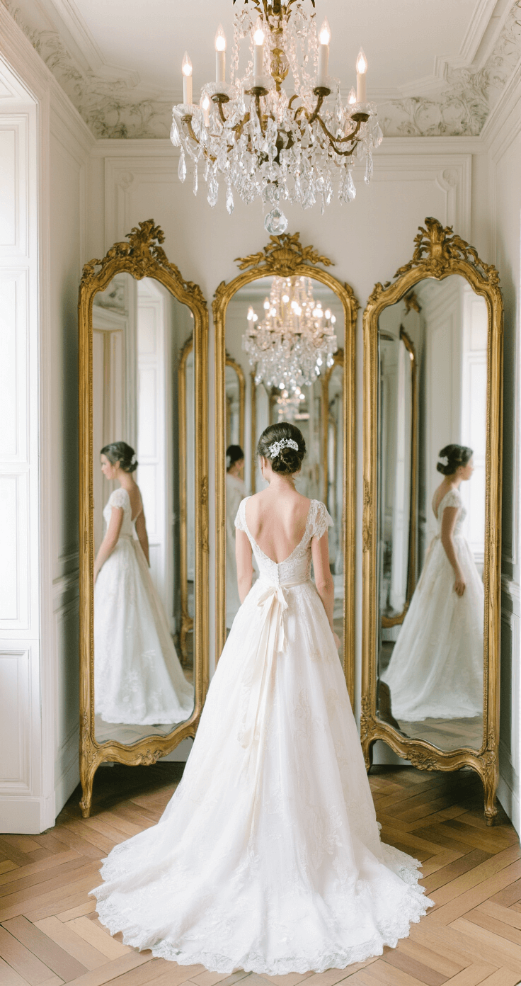 A bride in a vintage wedding dress stands in a Parisian-inspired dressing room, adorned with herringbone floors and a crystal chandelier, preparing for portraits. Her hair is styled in a traditional ballerina bun with ribbon accents and pearl pins, while ornate gold mirrors reflect the soft lighting, creating a romantic atmosphere.