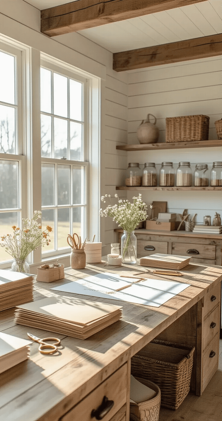 Cheap Wedding Invitations: How to Save Big Without Sacrificing Style A warm, sunlit DIY invitation workspace featuring a farmhouse-style craft table surrounded by organized supplies, rustic wooden beams, and shelves filled with glass jars, all captured in a soft, inviting scene.
