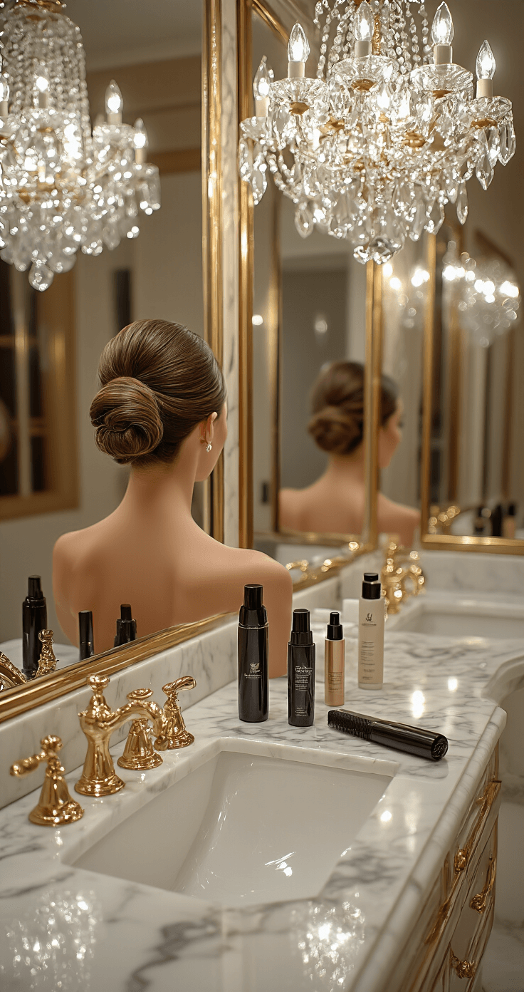 Close-up of a luxurious hotel suite bathroom showcasing marble surfaces and gold fixtures, highlighting the final hairspray application on a perfectly styled low bun, with a sparkling crystal chandelier in the background and professional styling tools arranged artistically.
