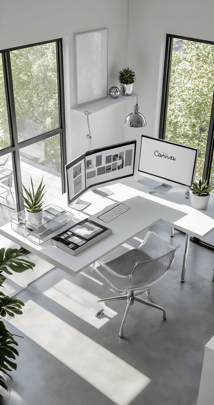 Cheap Wedding Invitations: How to Save Big Without Sacrificing Style Modern minimalist home studio featuring floor-to-ceiling windows, polished concrete floors, and a white floating desk with dual monitors displaying Canva templates. The space includes sleek acrylic organizers, a ghost chair, and a chrome desk lamp, highlighted by cool afternoon light casting dramatic shadows. Completed with succulent plants and metallic paperweights, the design emphasizes geometric patterns in a cool color palette of whites, grays, and silver with black accents.