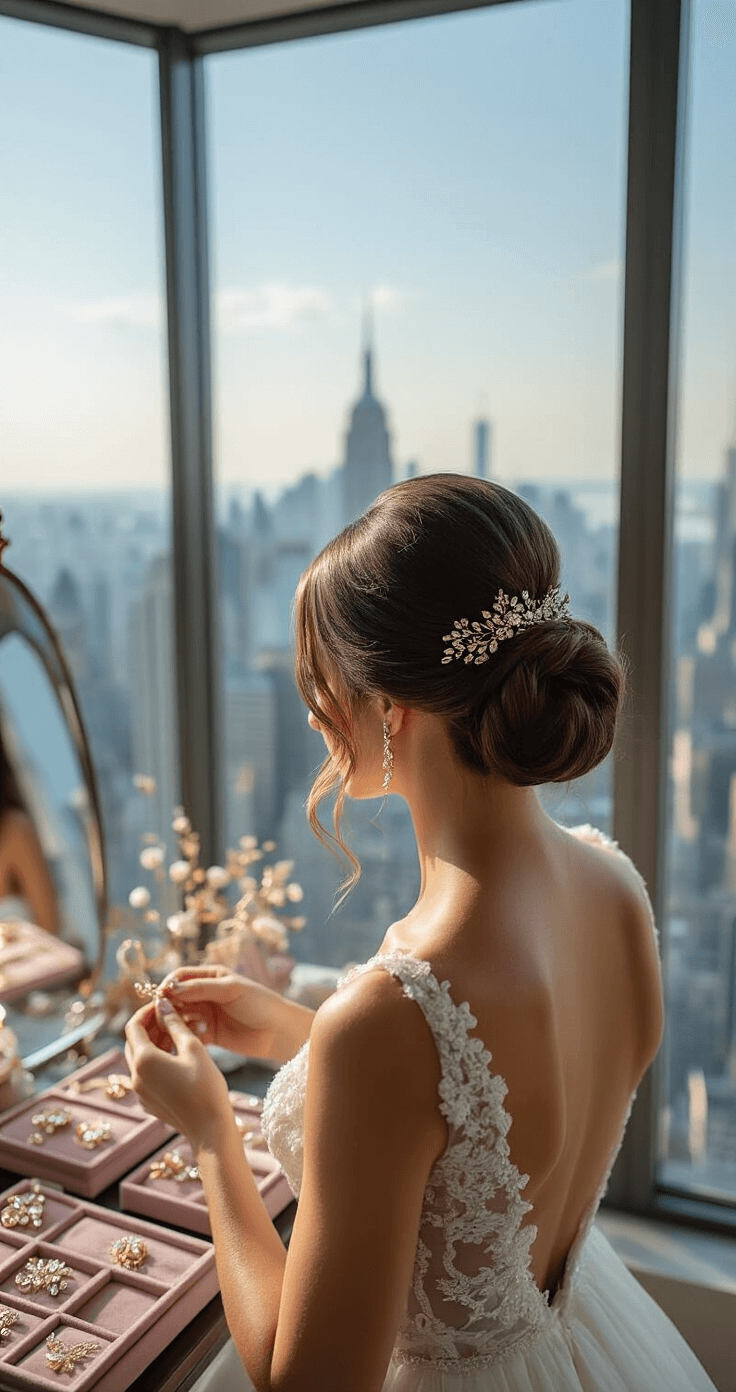 A bride in a contemporary bridal salon with floor-to-ceiling windows overlooking the city skyline, sitting in front of a mirror as her hair accessories are fitted to her low bun hairstyle, surrounded by elegant trays of crystals, pearls, and golden leaves, illuminated by soft afternoon light.