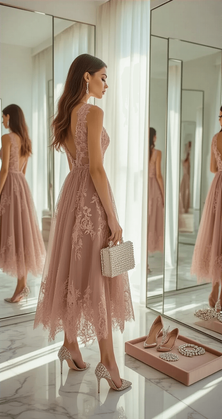 Nailing the Perfect Wedding Guest Dress: Your Ultimate Style Guide A model in a bright boutique dressing room trying on a dusty rose cocktail dress with lace overlay, surrounded by floor-to-ceiling mirrors and natural light. Nearby, crystal-embellished pumps, a pearl-handled clutch, and silver jewelry on a velvet tray create an intimate atmosphere for dress selection.