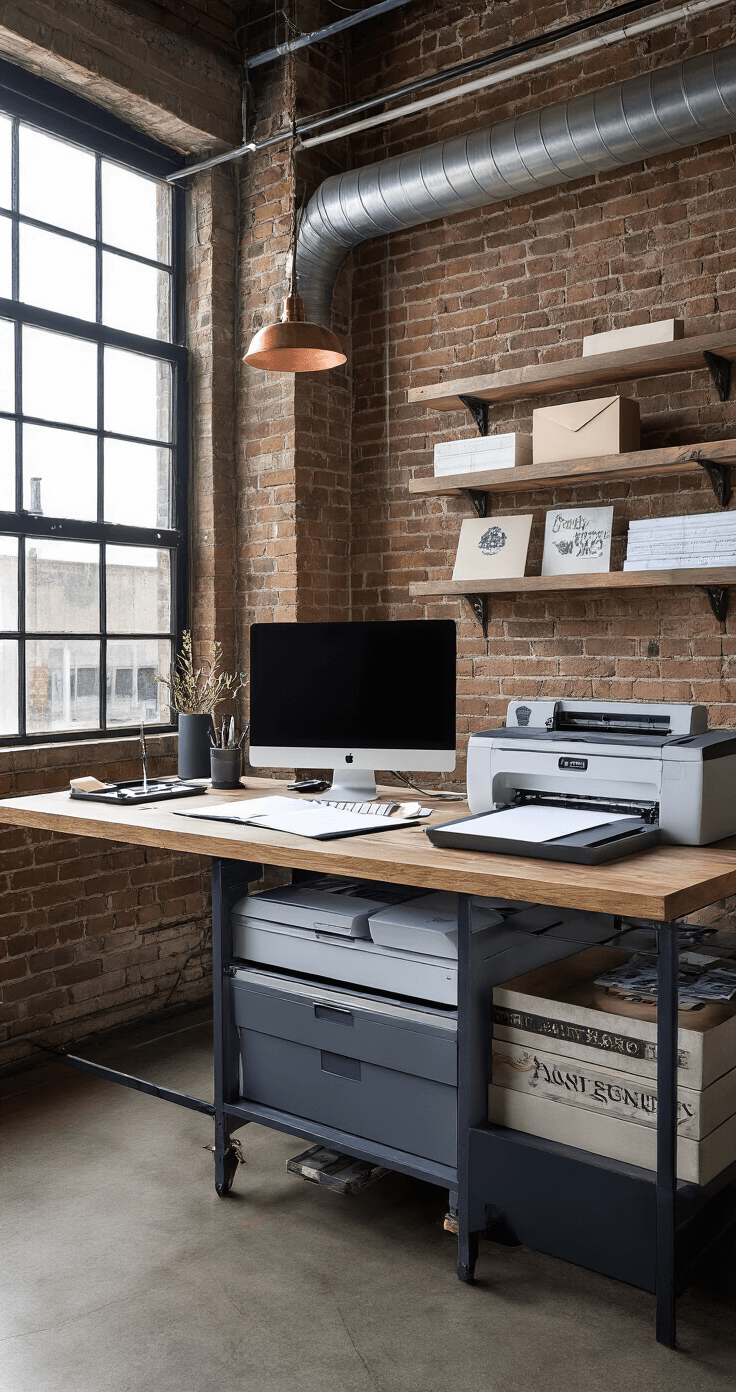 Cheap Wedding Invitations: How to Save Big Without Sacrificing Style A wide-angle view of a professional printing setup in an industrial-chic home studio with exposed brick and metal ductwork, illuminated by afternoon light from large windows. The workspace features a professional-grade printer station, paper cutter, and scoring tools, with built-in shelving displaying paper samples and finished invitations, all in an urban color palette of grays, whites, deep navy, and copper accents.