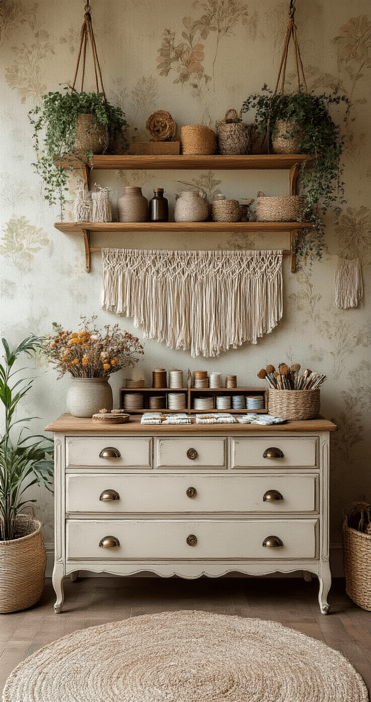 Cheap Wedding Invitations: How to Save Big Without Sacrificing Style A cozy bohemian creative space featuring textured wallpaper, floating shelves, and a vintage dresser used as a supply station, adorned with ribbons, dried flowers, and wax seals. Macramé wall hangings and potted plants enhance the organic vibe, illuminated by diffused natural light in an earthy color palette with jewel-tone accents.