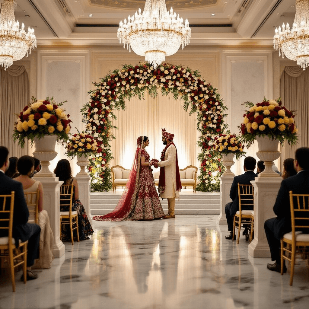 A wide-angle view of a luxurious ballroom set for a varmala ceremony, featuring crystal chandeliers, a marble floor, an elaborate floral arch with red roses and white orchids on a raised platform, gold chiavari chairs with ivory cushions for guests, and ornate pedestals with marigolds and jasmine, capturing the moment a couple lifts their varmalas in richly embroidered outfits.