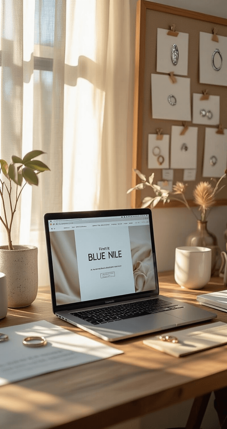 A cozy home office with a modern desk, featuring a laptop displaying the Blue Nile website, a wedding ring mood board on a linen bulletin board, and ring samples in titanium and tungsten. Warm sunlight filters through sheer curtains, highlighting cool grays and metallic accents balanced by warm wood tones.