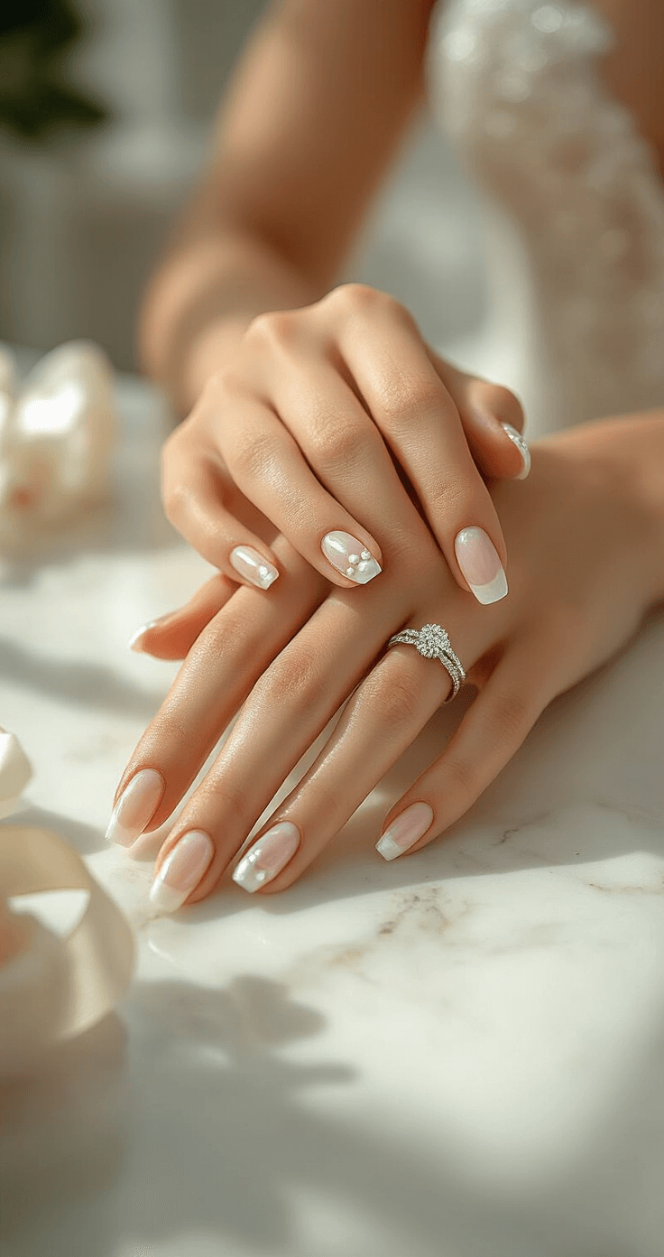Close-up of a bride's manicured hands on a white marble counter in a sunlit luxury salon, featuring an elegant micro-French manicure with pearl accents and crystal-embellished nail art, with a silk ribbon from her bouquet intertwined between her fingers and her engagement ring sparkling in the light.