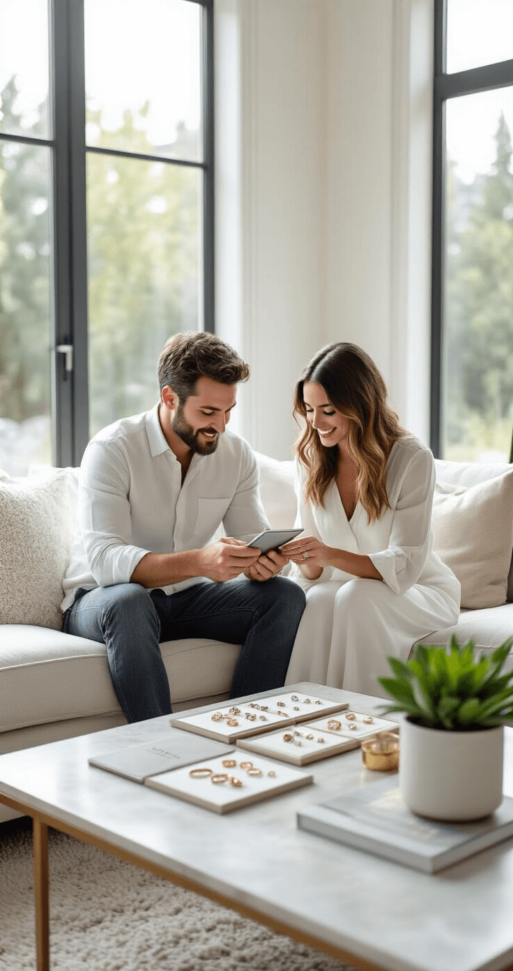 A bright, contemporary living room with a couple comparing wedding rings on a tablet, surrounded by ring catalogs, floor-to-ceiling windows, minimalist furniture, and potted plants, illuminated by natural light and soft box.